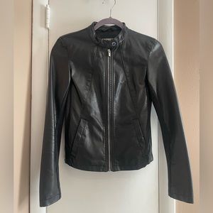 Faux leather motorcycle jacket with knit side panels
